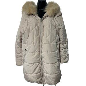 Forever 21 Women's Quilted Puffer Coat Faux Fur Hood Zip Front Beige Size Medium